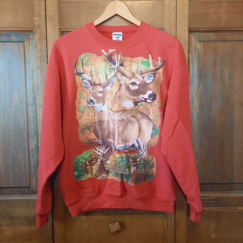 Vintage Jerzees Buck Deer Red Graphic Crewneck Sweatshirt Size Medium